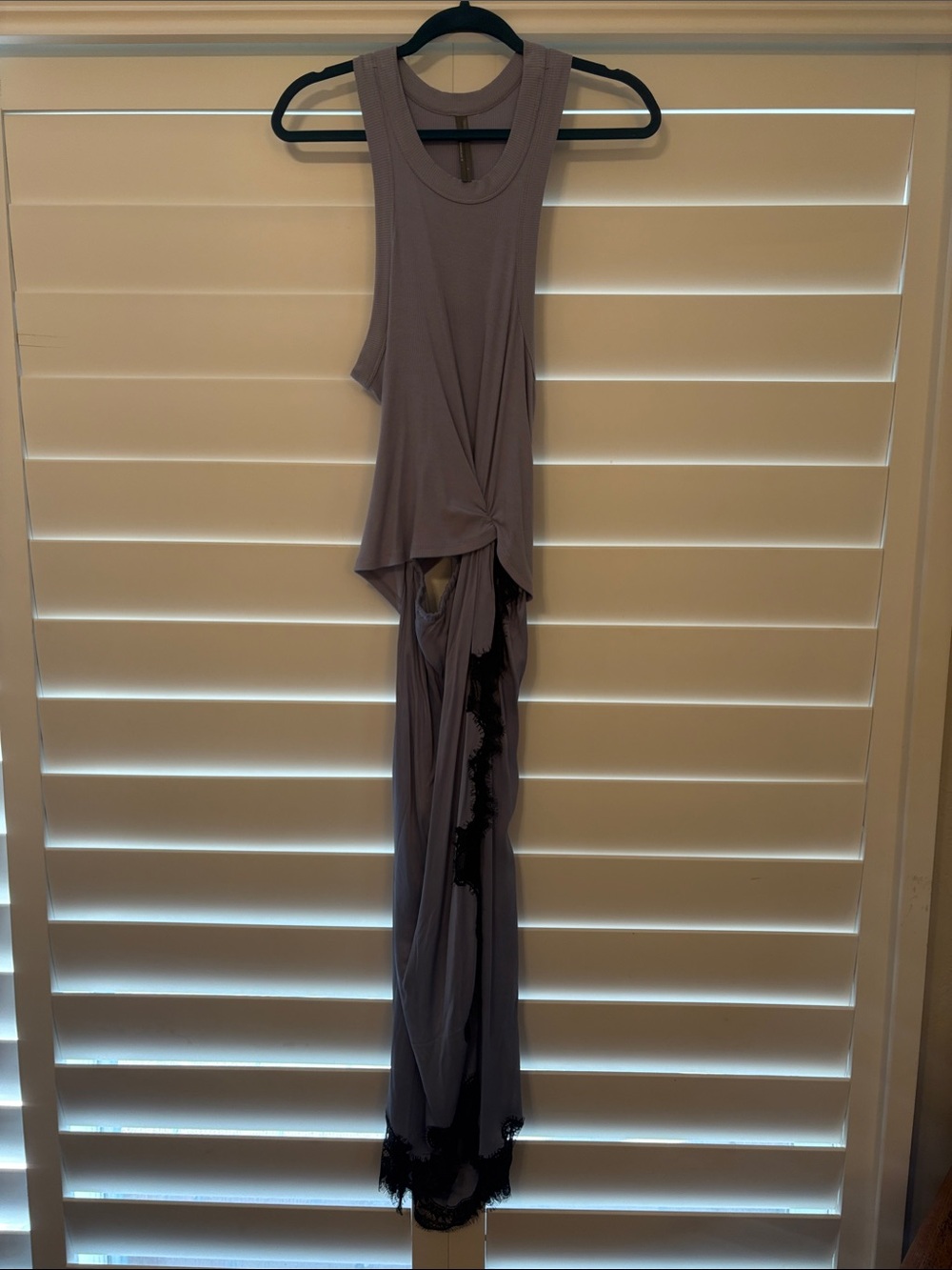 Anthropologie Lavender Twist-Front High-Low Maxi Dress with Black Lace
